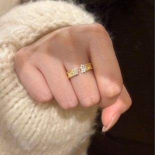 S925纯银轻奢法式璀璨星河戒指女不规则拉丝排钻小众百搭精致时尚
