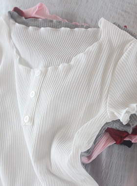 修身短袖纯棉T恤 女纽扣木耳边胖MM大码上衣基础款针织螺纹打底衫