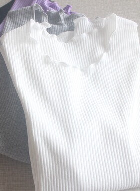 针织纯棉T恤女修身螺纹显瘦木耳边上衣大码百搭日常针织春秋小衫