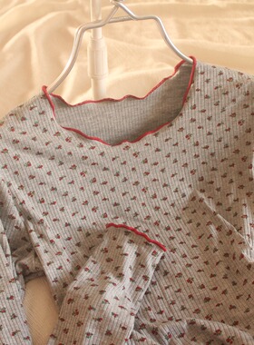 长袖日常修身T恤 秋季胖子大码居家小衫莫代尔螺纹小碎花显瘦上衣