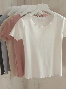 木耳边纯棉休闲T恤女短袖圆领基础款简约胖子大码打底小衫上衣夏