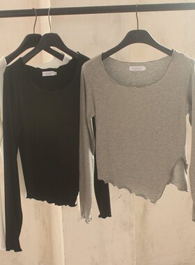 灰色针织t恤女 木耳开叉秋季紧修身长袖圆领打底衫短款设计感上衣