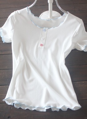 夏秋修身显瘦短袖螺纹T恤松弛感木耳正肩减龄女日常打底百搭大码