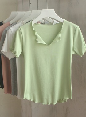 夏季小V领正肩日常修身纯棉T恤女大码胖子百搭上衣木耳边减龄显瘦