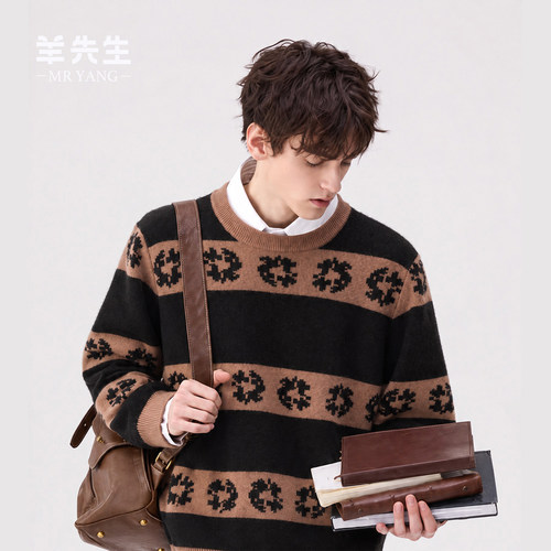 加厚羊绒衫男100纯羊绒圆领提花