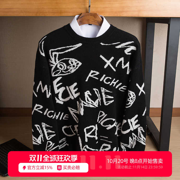 新款艺术图案男士青年100%羊绒衫