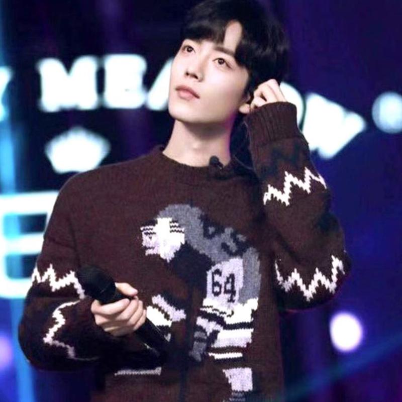 明星同款100纯男士羊绒衫韩系圆领2025秋冬青年时尚卡通百搭毛衣