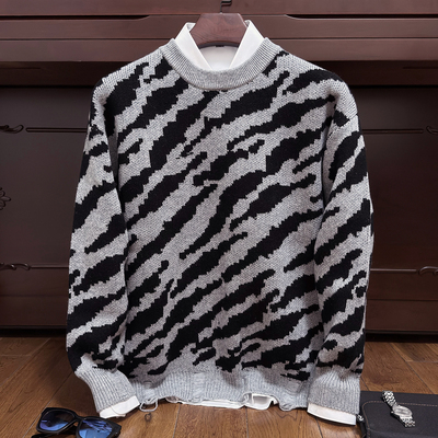 斑马图案青年羊绒衫男士圆领宽松