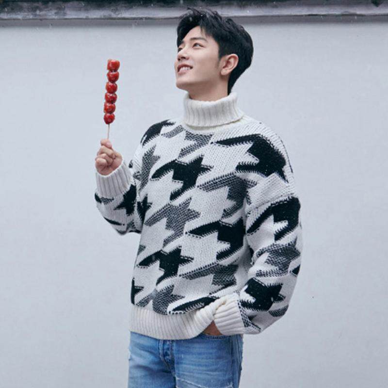 明星同款加厚羊绒衫男可翻高领纯羊绒套头羊毛衫冬季千鸟格毛衣男