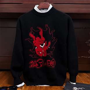 青少年美式卡通潮流图黑色圆领毛衣男2025冬季宽松纯羊绒衫男加厚