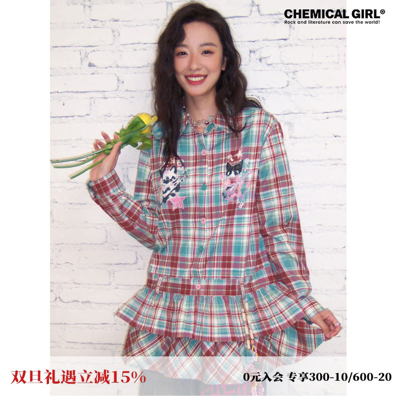 格纹印花长袖衬衫连衣裙女学院风