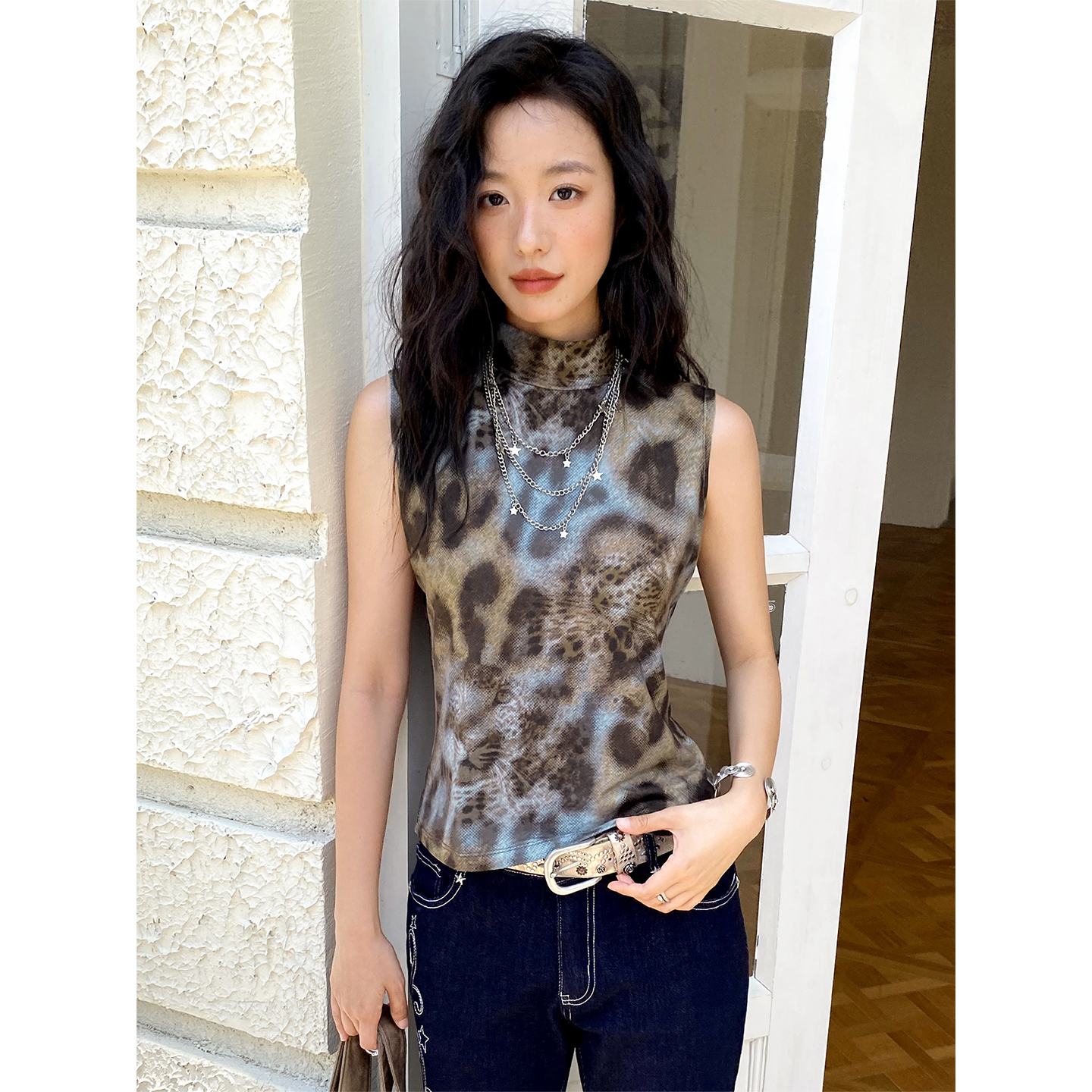 豹纹半高领无袖背心女夏