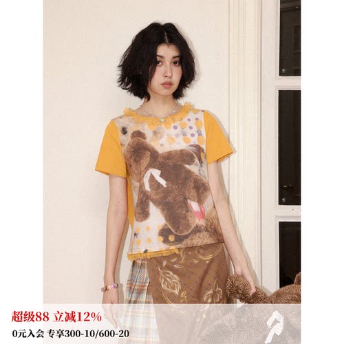 橘色正肩波点小熊印花短袖T恤女