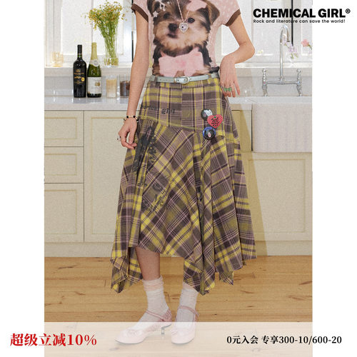 不对称格子撞色印花拼接半身裙女