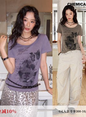 复古风猫咪印花修身短袖T恤女夏
