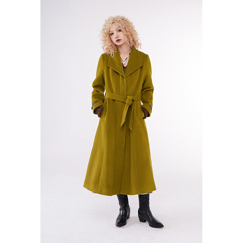 化学少女姜绿色简约走线毛呢大衣
