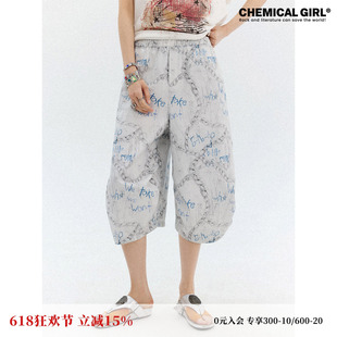 化学少女 「加密锚点」纯棉蓝灰色做旧字母印花七分裤女夏新品