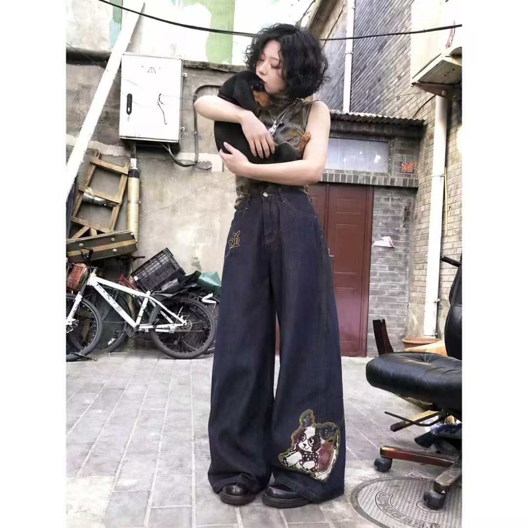化学少女 X3「遛狗裤」松紧腰丹宁加绒弯刀牛仔裤原牛蓝阔腿裤