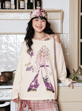 化学少女「少女涂鸦手册」白色宽松露肩长袖T恤衫女上衣早秋新款