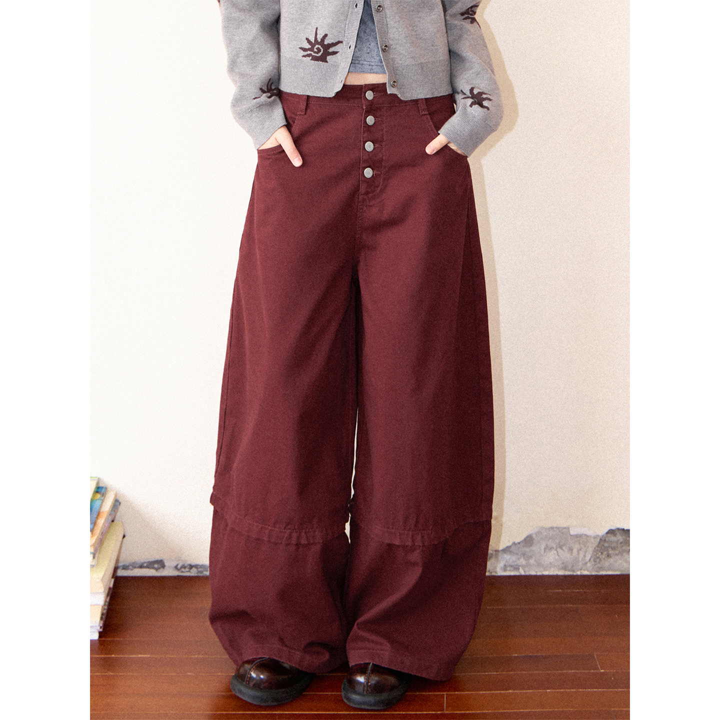 化学少女排扣洗褪阔腿弯刀裤