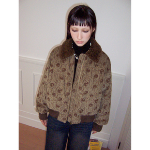 化学少女「谜雾庄园」2024年冬季复古拼色印花灯芯绒棉服外套女