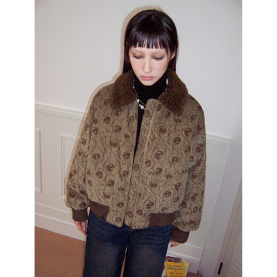 化学少女「谜雾庄园」2024年冬季复古拼色印花灯芯绒棉服外套女