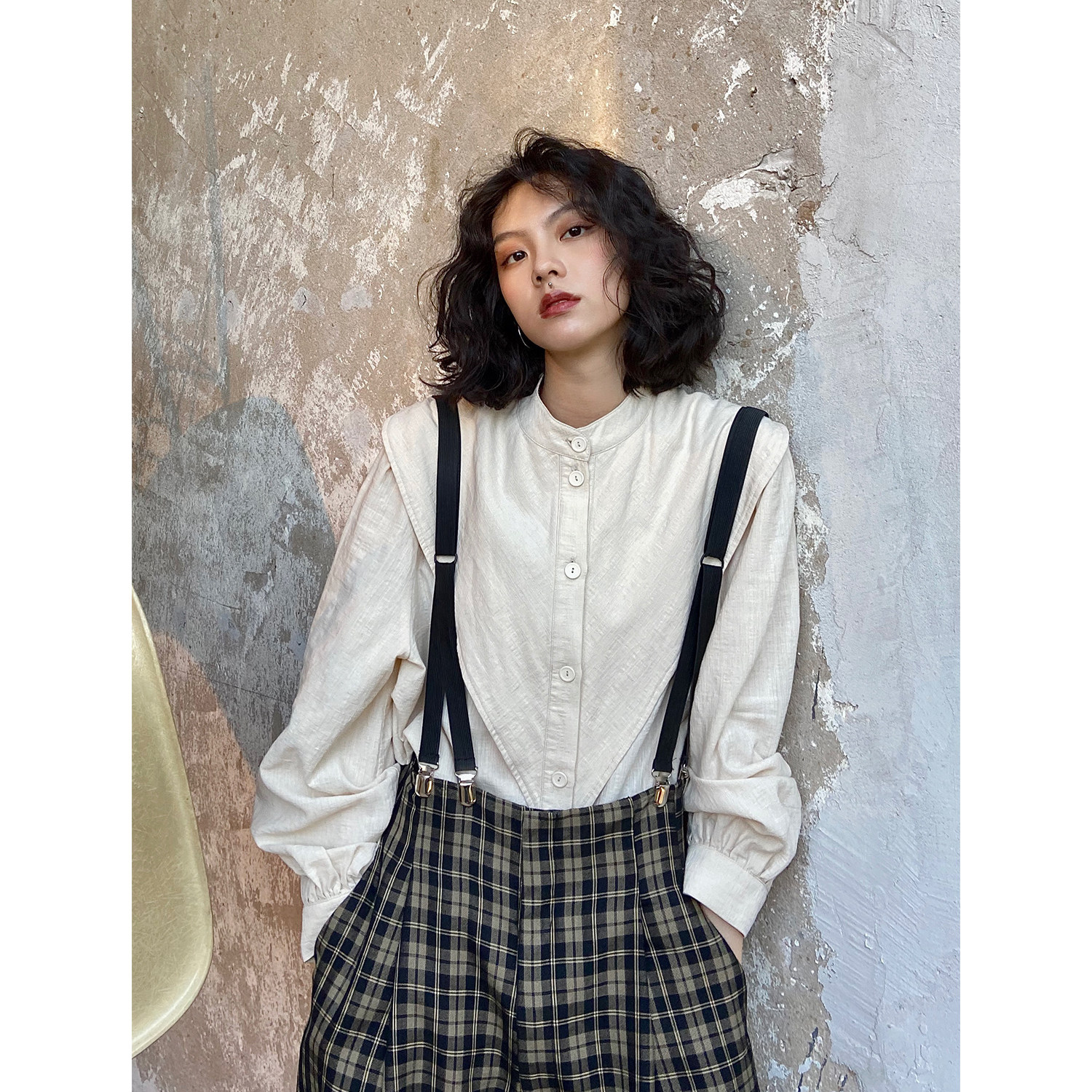 化学少女宽松复古港风长袖衬衫图片