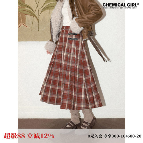 磨毛红格百褶大摆中长伞裙女