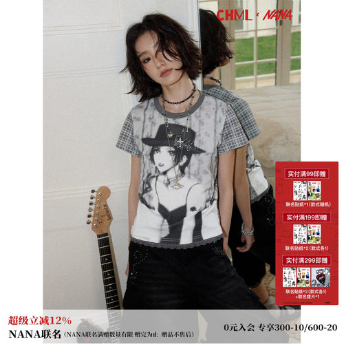 慵懒人像拼接格纹水钻短袖T恤女