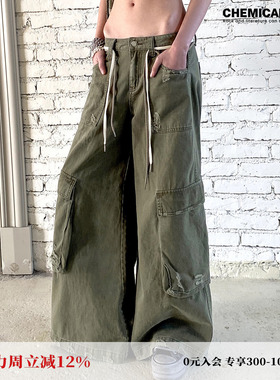 化学少女 H4「自由部落」低腰工装休闲裤墨绿色做旧宽松百搭