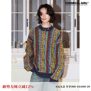 化学少女「老花彩电」毛衣女春秋宽松复古小众针织衫 上衣