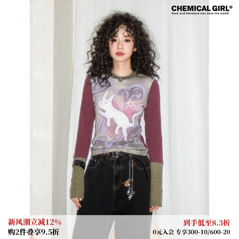 花纱坑条拼接圆领长袖T恤衫女