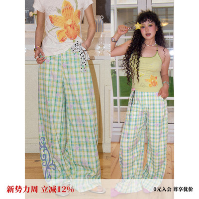 松紧腰格子撞色印花宽松直筒裤女