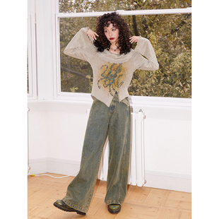 化学少女「海底异象」印花秋季长袖T恤女不规则设计感内搭上衣