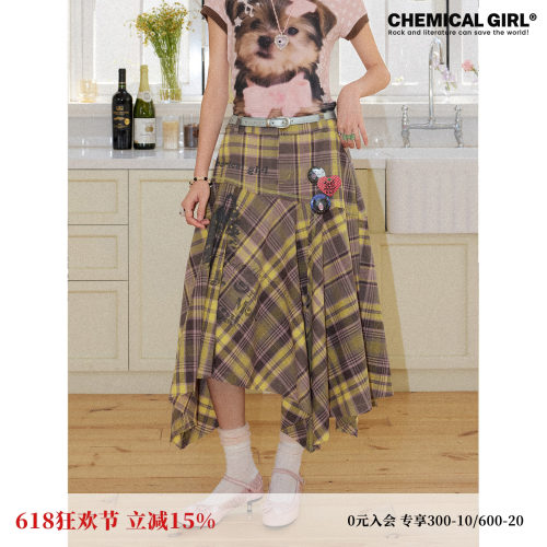 不对称格子撞色印花拼接半身裙女