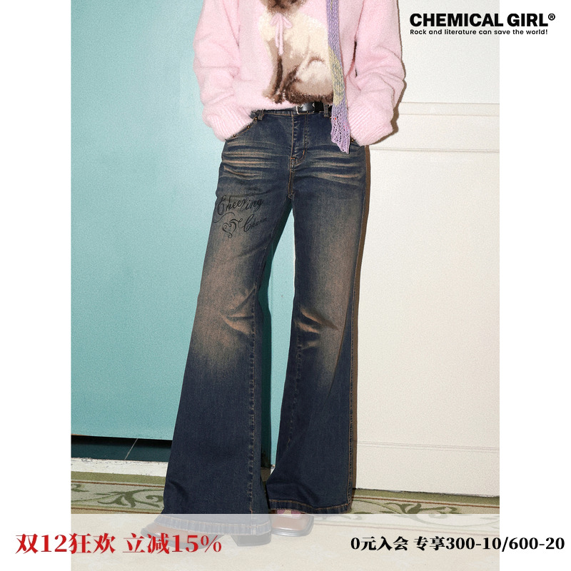 弹力低腰做旧气眼微喇牛仔裤女