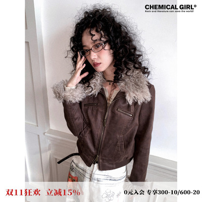 可拆卸毛领做旧皮革短款夹克