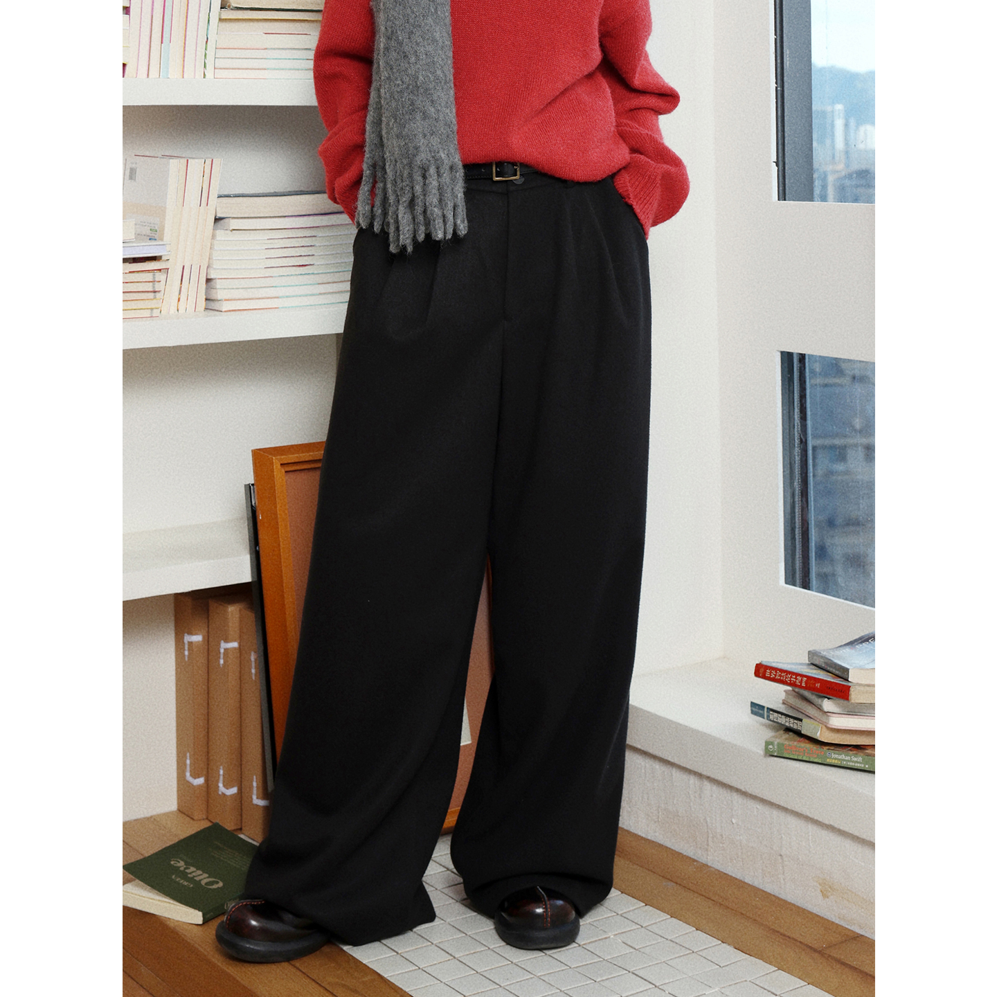 经典百搭毛呢直筒休闲裤女