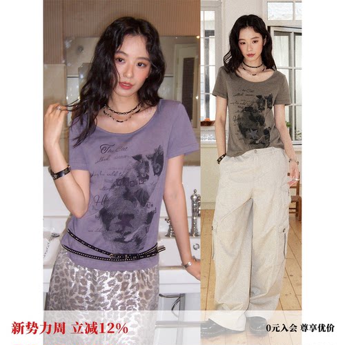 复古风猫咪印花修身短袖T恤女夏