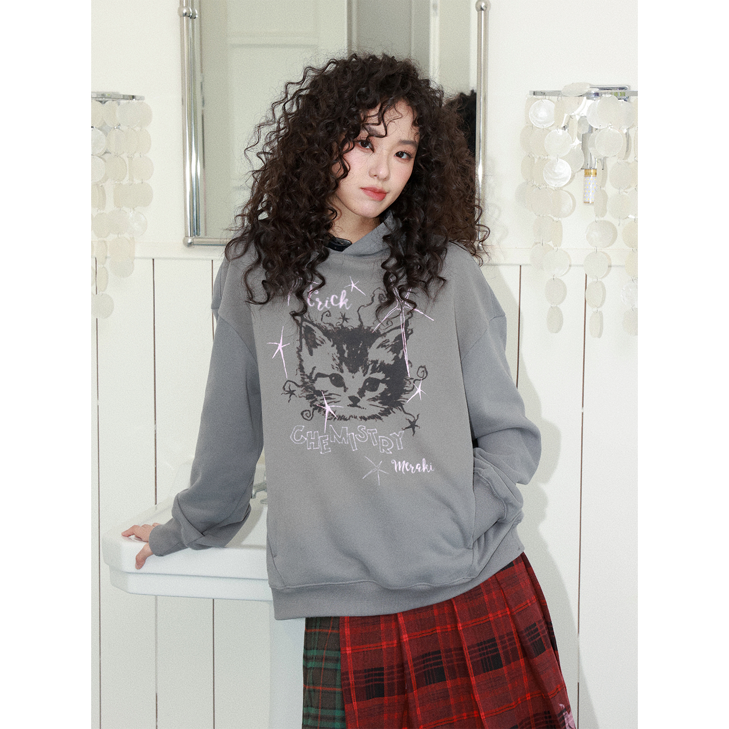 百搭宽松小猫印花连帽卫衣女