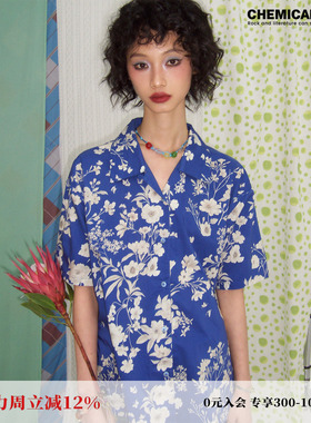 化学少女「青霜」纯棉印花蓝色短袖T恤衬衫女宽松上衣夏新品