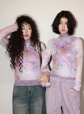 化学少女 「拂晓之前」倒挂金钟假两件印花网纱皮肤衣半高领上衣