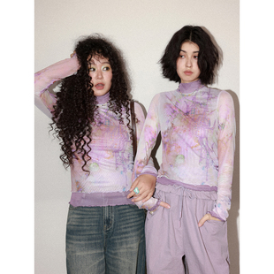 化学少女 「拂晓之前」倒挂金钟假两件印花网纱皮肤衣半高领上衣