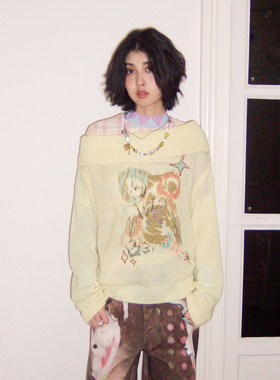 化学少女 「软糖熊星旅」涂鸦钉珠斜肩套头毛衫软糯亲肤百搭上衣