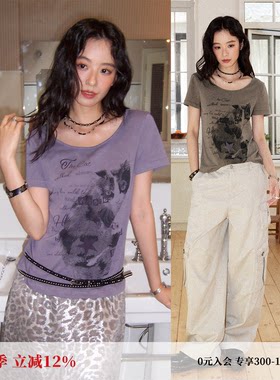 复古风猫咪印花修身短袖T恤女夏