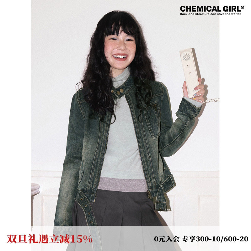 复古水洗做旧修身牛仔夹克外套女