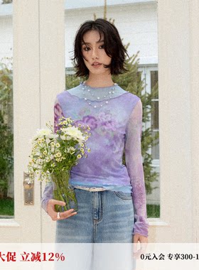 假两件撞色小高领网纱印花T恤女
