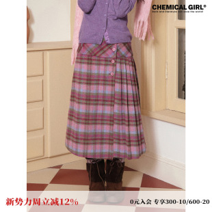 化学少女「未尽之语」羊毛昵格纹A字半身裙女侧压褶设计秋冬新款