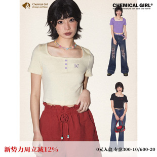 显瘦上衣 T恤女设计感修身 化学少女「蝴蝶名片」夏季 刺绣方领短袖