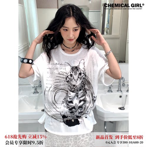 复古猫咪印花宽松落肩短袖T恤女
